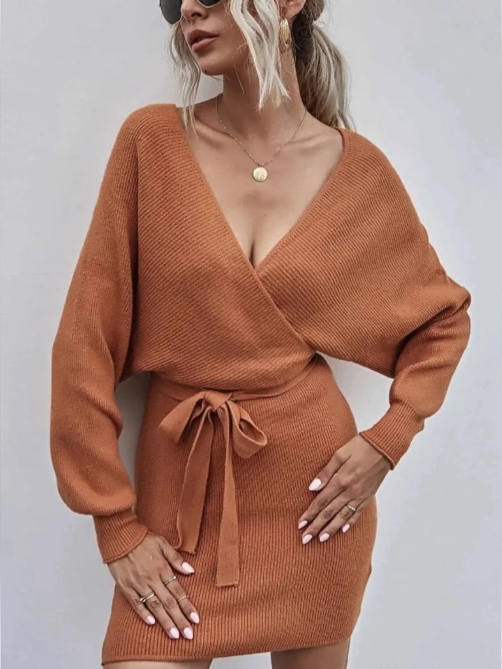SHEIN Burnt Orange Ribbed Knit V-Neck Mini Sweater Dress with Tie-Waist